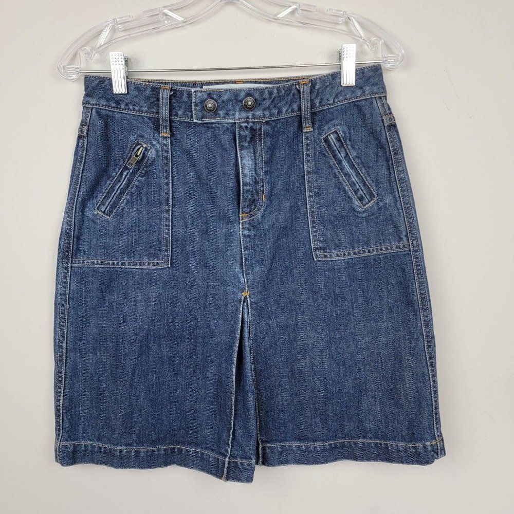 Gap Jeans Blue Medium Dark Wash Pockets Pleated Front A-Line Mini Denim Skirt 4